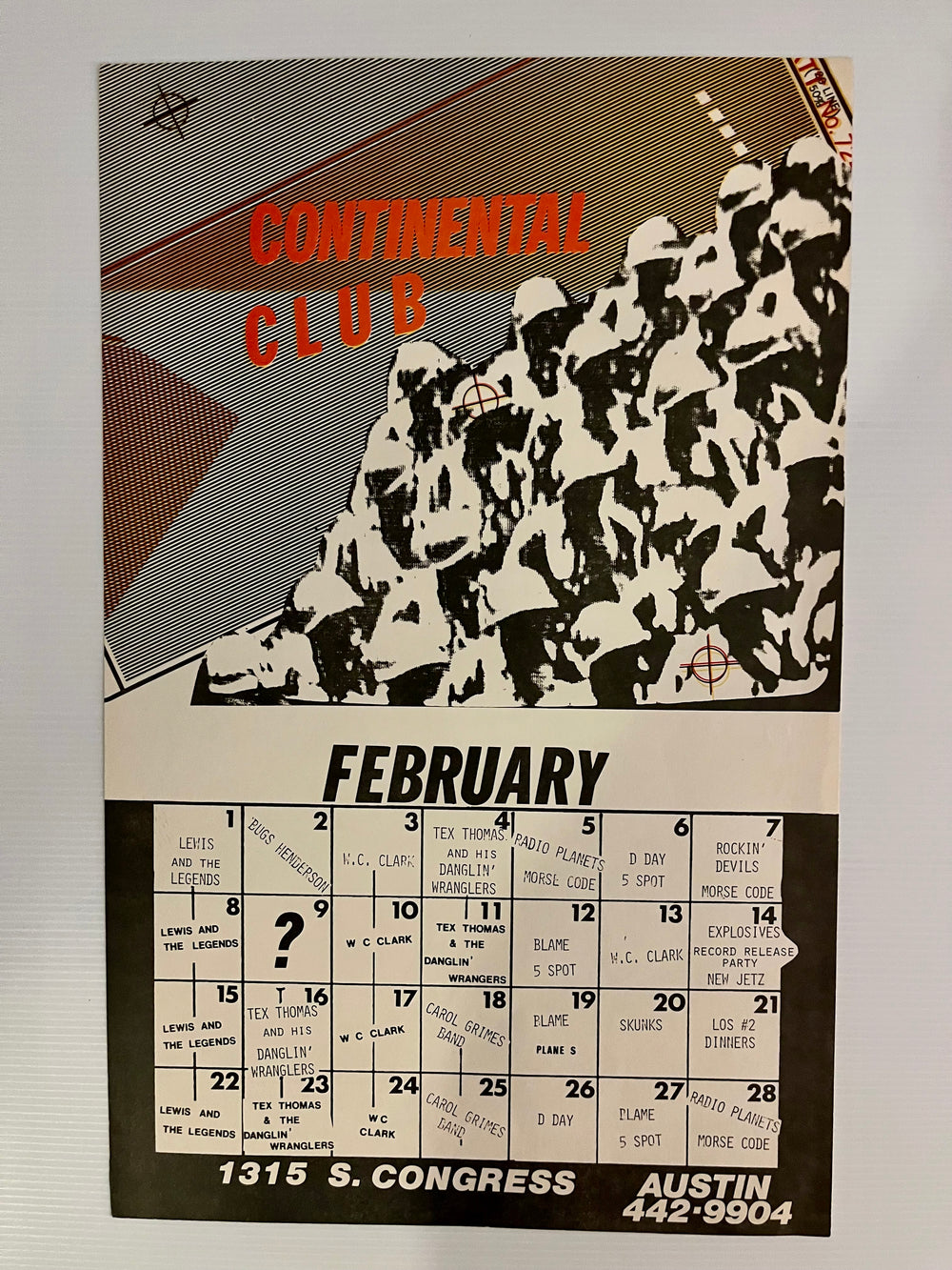 Vintage Continental Club Austin, TX Monthly Calendar Concert Poster (February 1981 / 1982)