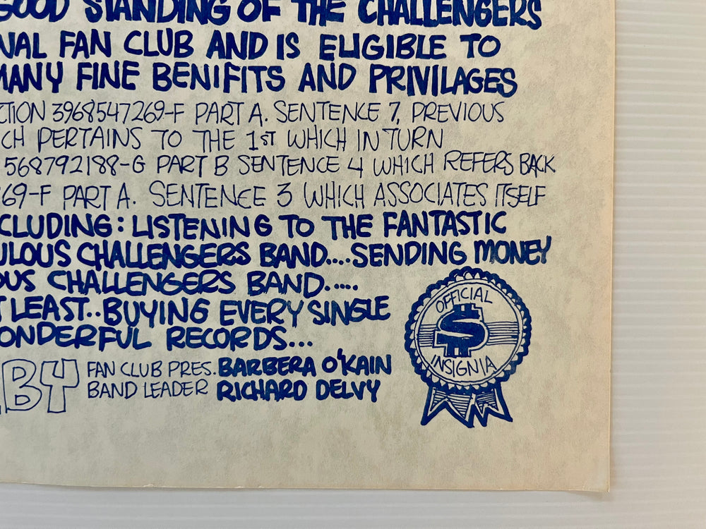 1962 The Challengers Band International Fan Club Certificate Richard Delvy Surf