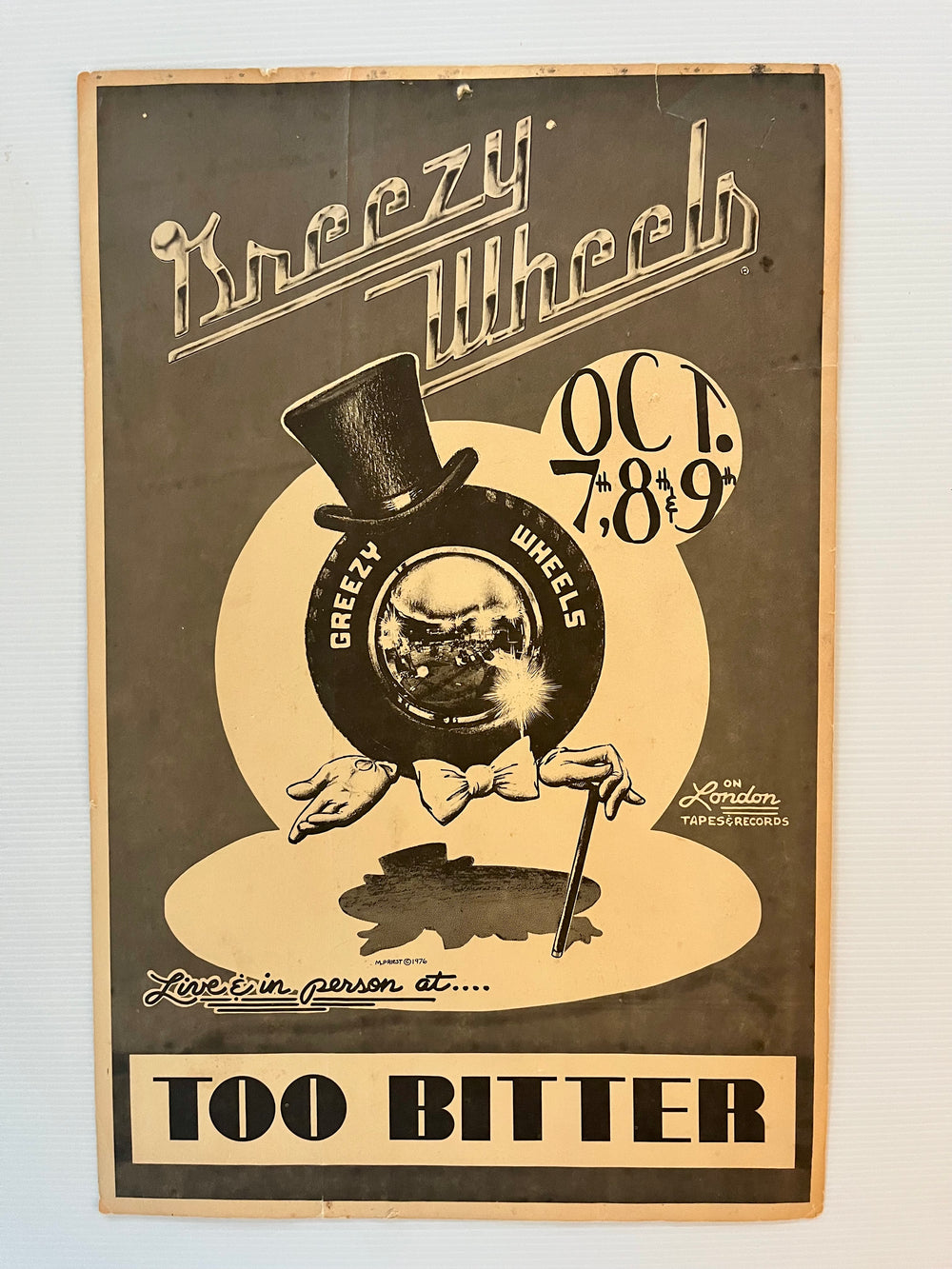 1976 Greezy Wheels Micael Priest Too Bitter Austin Texas Original Concert Poster