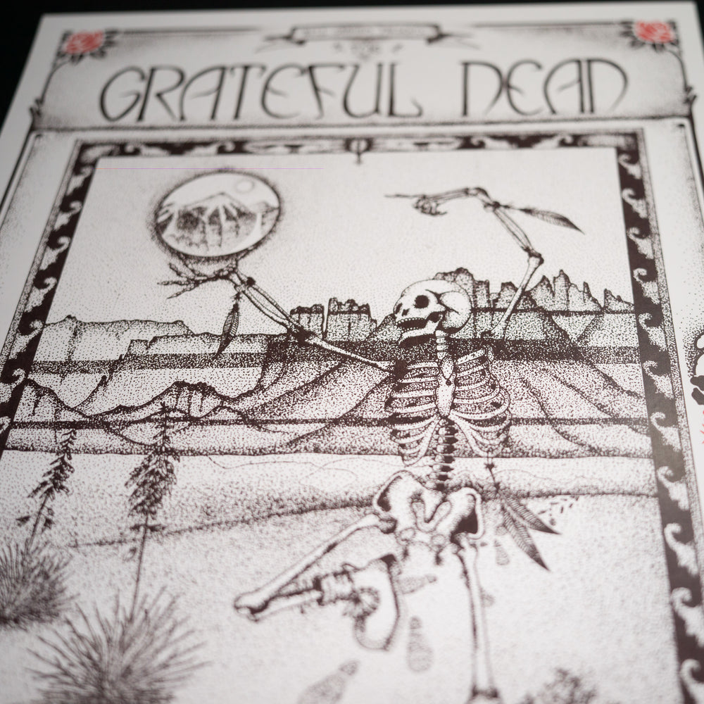 close up of jack rajca grateful dead poster with skeleton