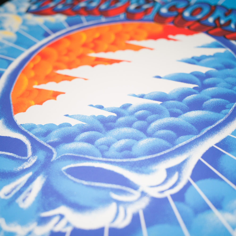 close up of james flames dead and company poster with skull and lightning bolt