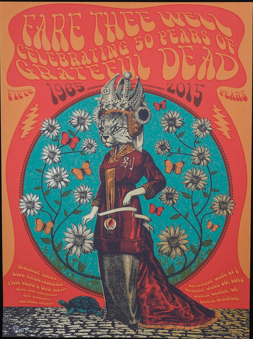 justin helton grateful dead concert poster with cat and red background 