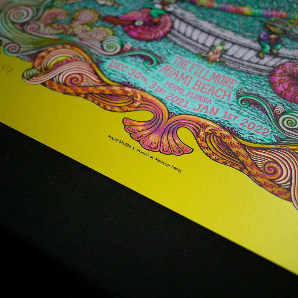 close up of Marq Spusta umphrey mcgee concert poster with concert date 