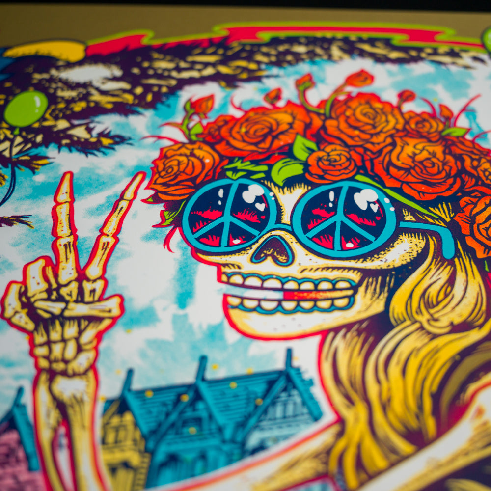 close up of Munk One Dead and Company concert poster with skeleton holding up peace sign