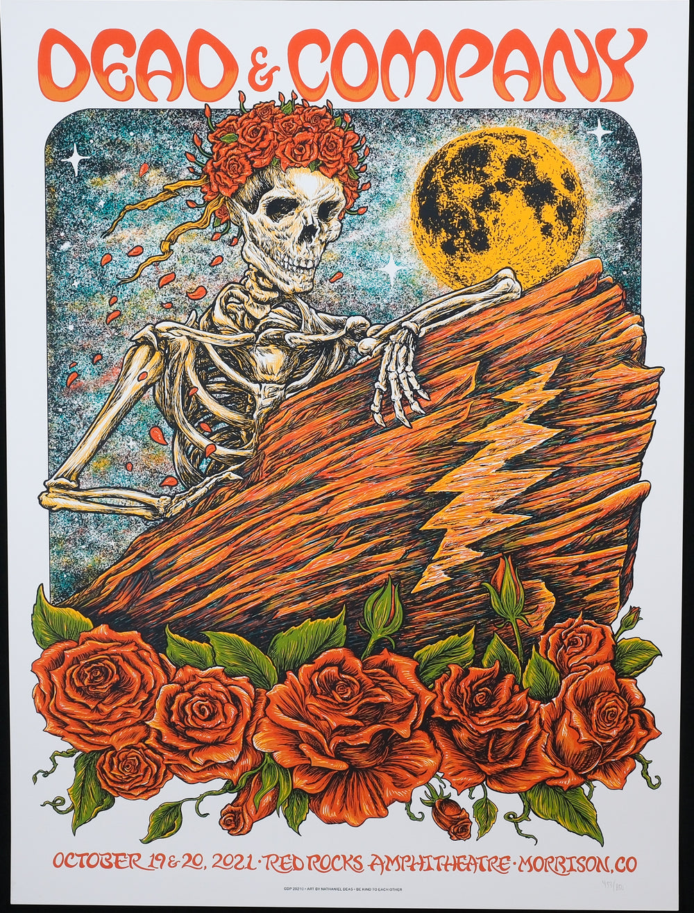 Nathaniel Deas Dead and Company 2021 Red Rocks Concert Poster with skeleton and moon