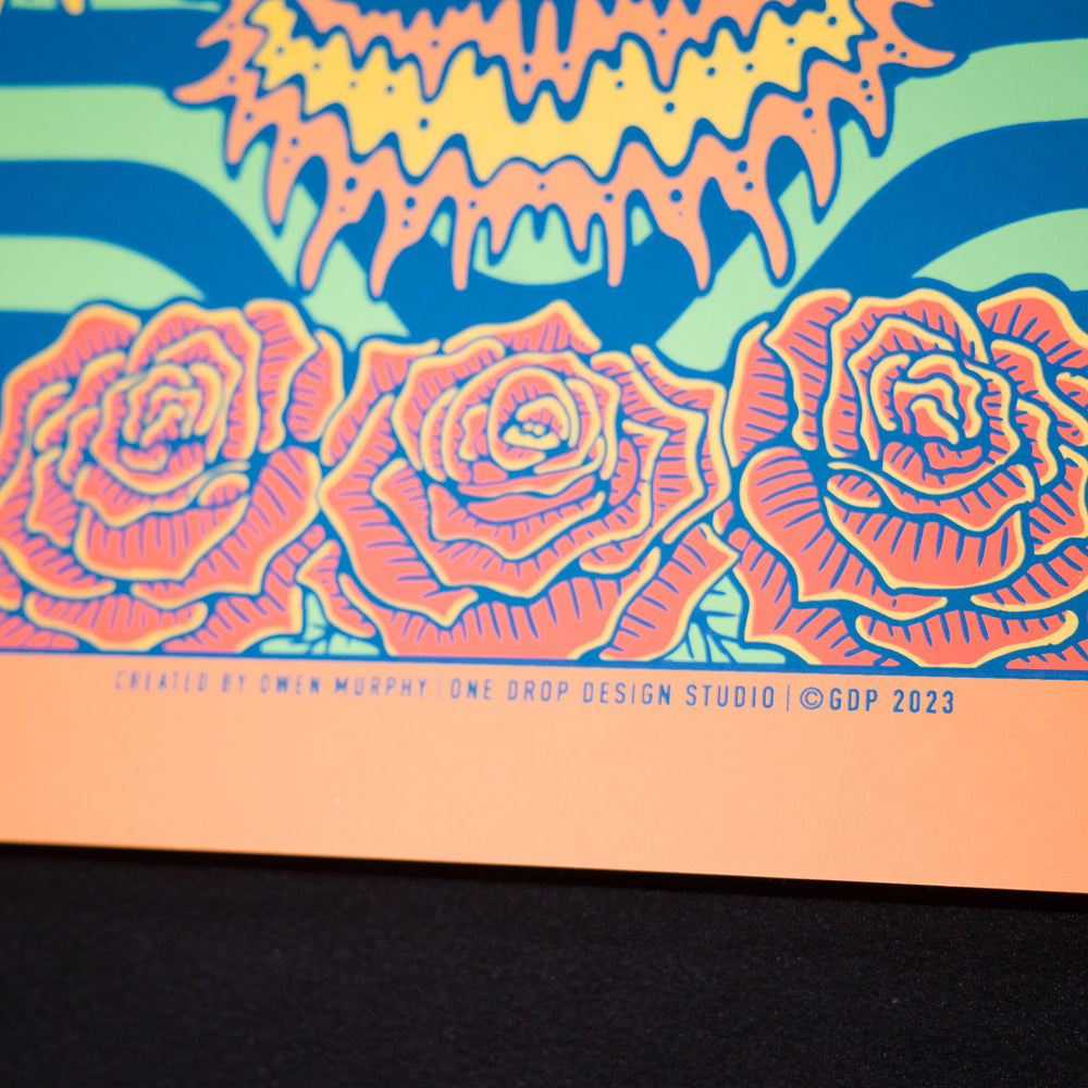 close up of Owen Murphy DeadandCompany 2023 Cincinnati Concert Poster with 3 roses