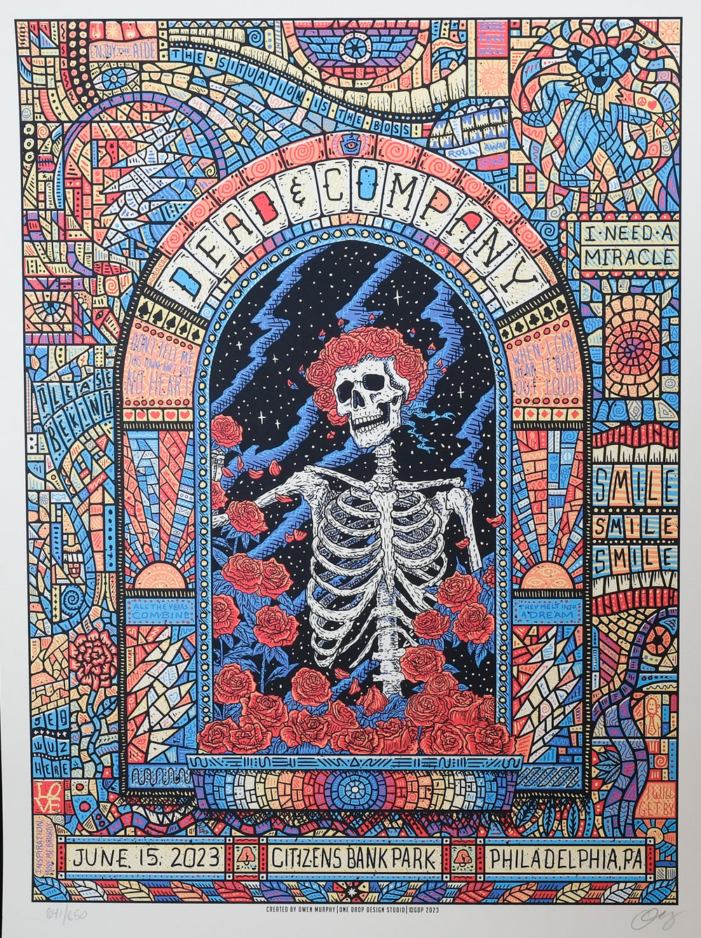 OwenMurphy DeadandCompany2023 Philadelphia Concert Poster with skeleton and roses