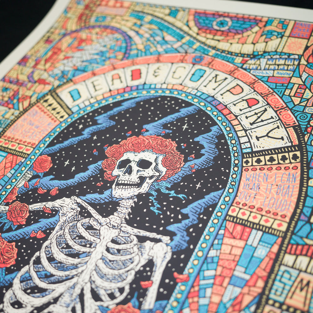 close up of OwenMurphy DeadandCompany2023 Philadelphia Concert Poster with skeleton 