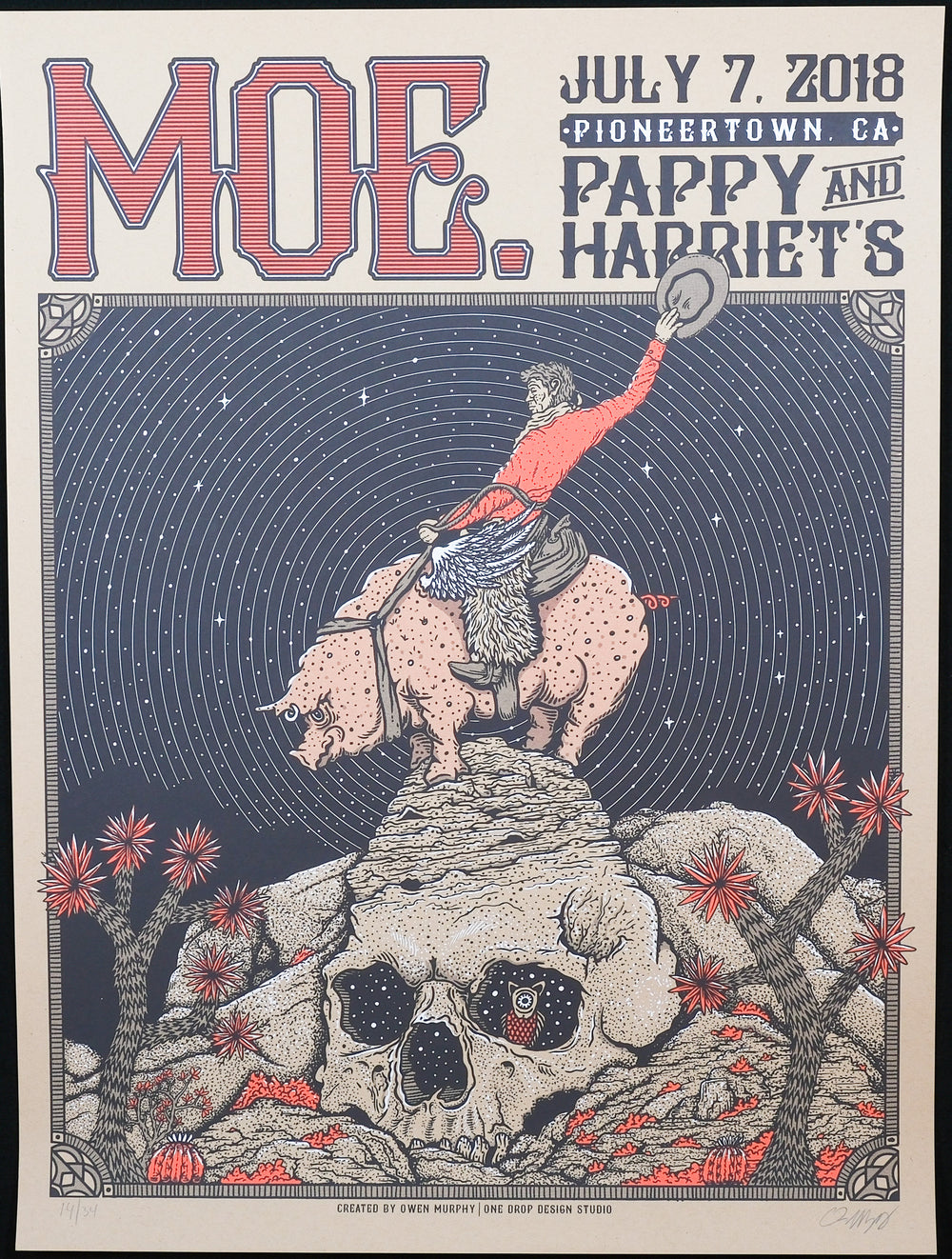 OwenMurphyMoe .2018 Pioneertown CA Concert Poster with man on pig