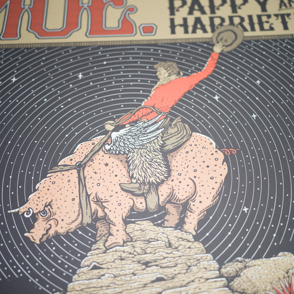 close up of OwenMurphyMoe .2018 Pioneertown CA Concert Poster with man on pig