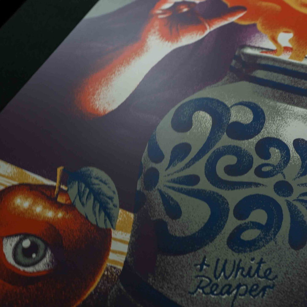 close up of max loeffler rare dead concert poster with apple with an eye