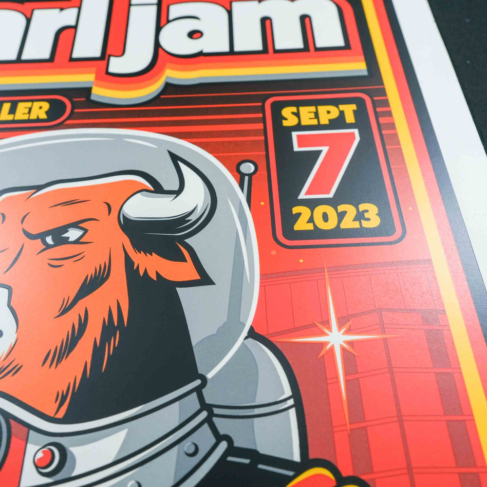 close up of rare dead pearl jam concert poster with concert date 