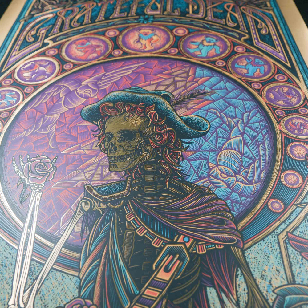 close up of rare dead concert poster with golden skeleton and blue and purple background