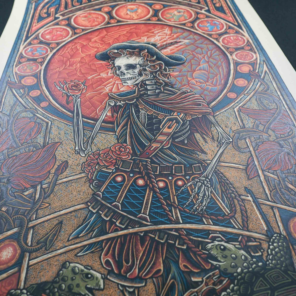 close up of rare dead concert poster with skeleton 