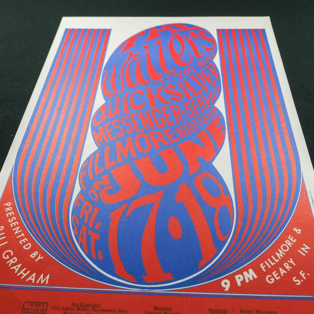 close up of wes wilson rare dead concert poster with red lettering and blue background