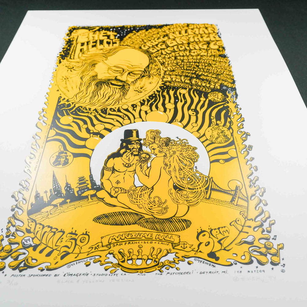 close up of rare dead concert poster with yellow background 