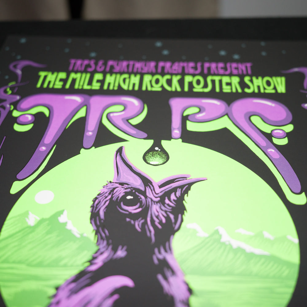 close up of Richard Biffle 2023 TRPS Mile High Rock Show Poster with purple crow 