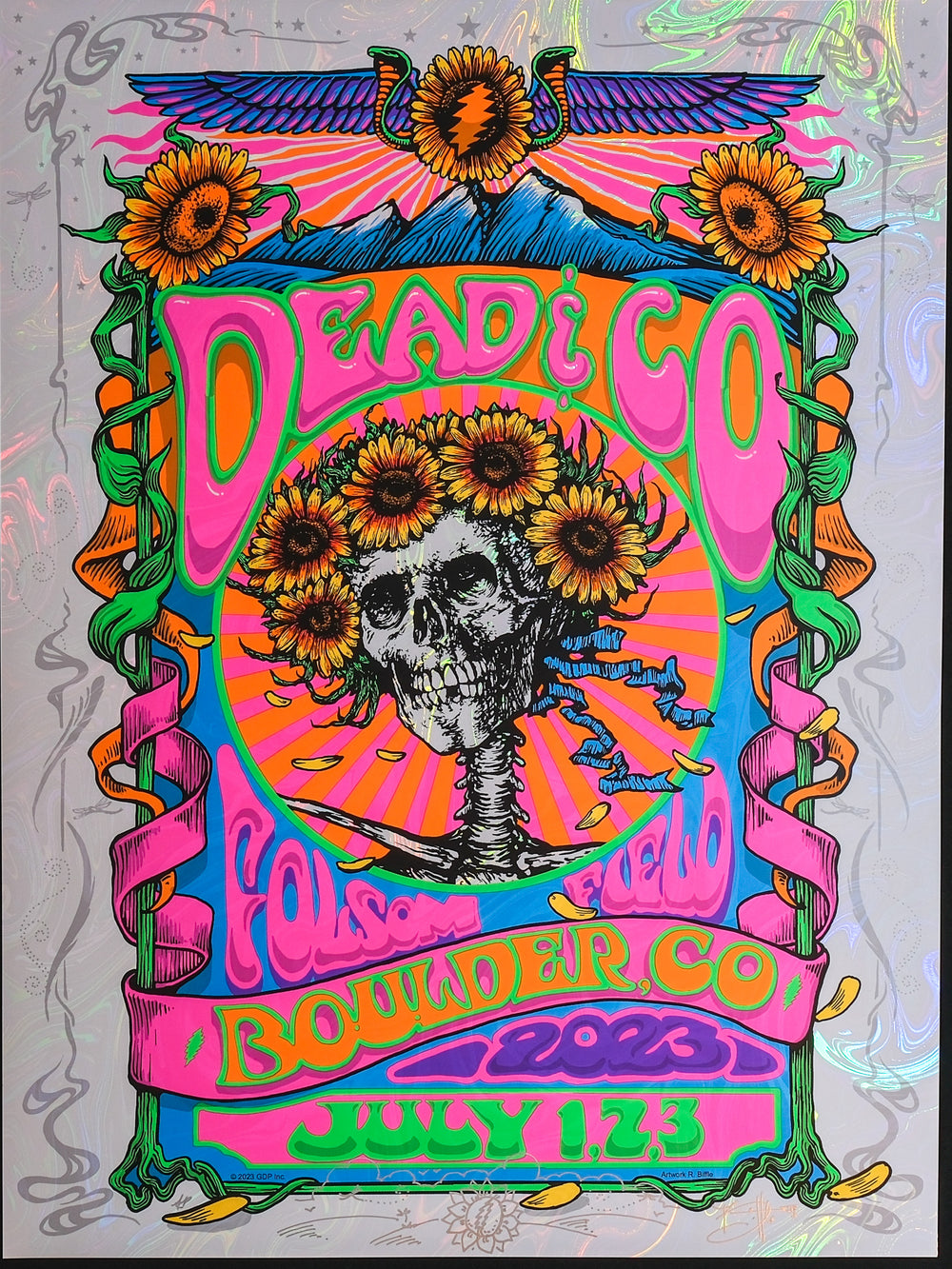 Richard Biffle Dead and Company 2023 Boulder Concert Poster with skeleton with flowers