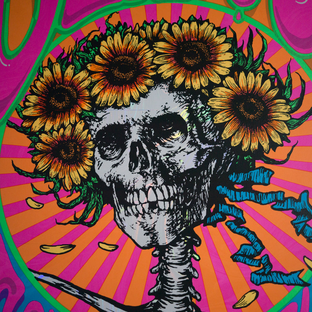 close up of Richard Biffle Dead and Company 2023 Boulder Concert Poster with skeleton and orange and pink background