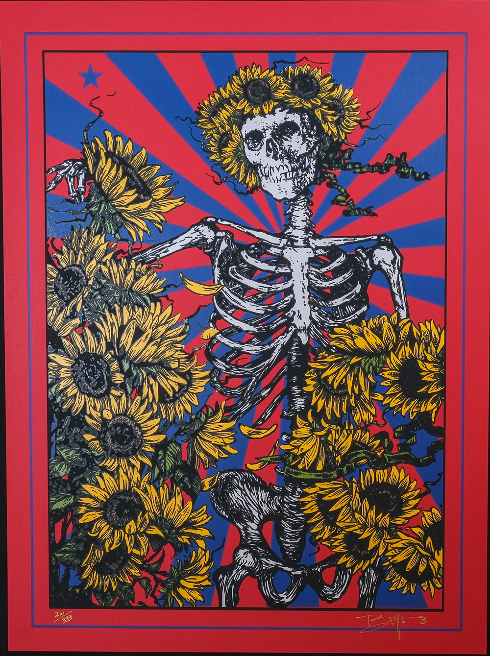 close up of RichardBiffleGratefulDeadFurthurPoster with skeleton and sunflowers