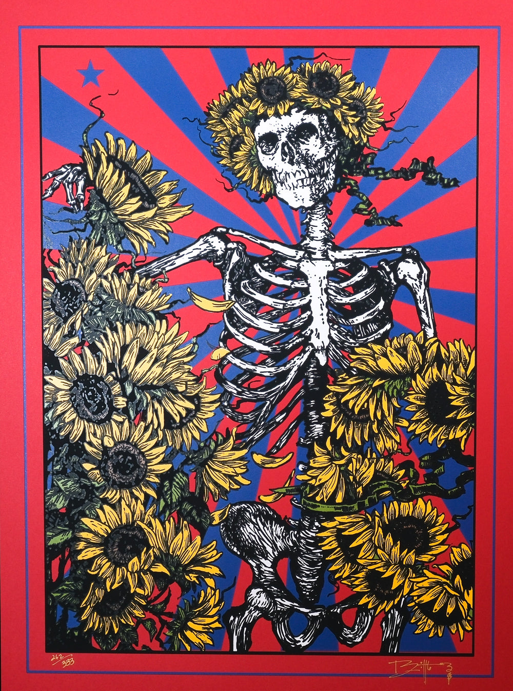 RichardBiffleGratefulDeadFurthurPoster with skeleton and sunflowers