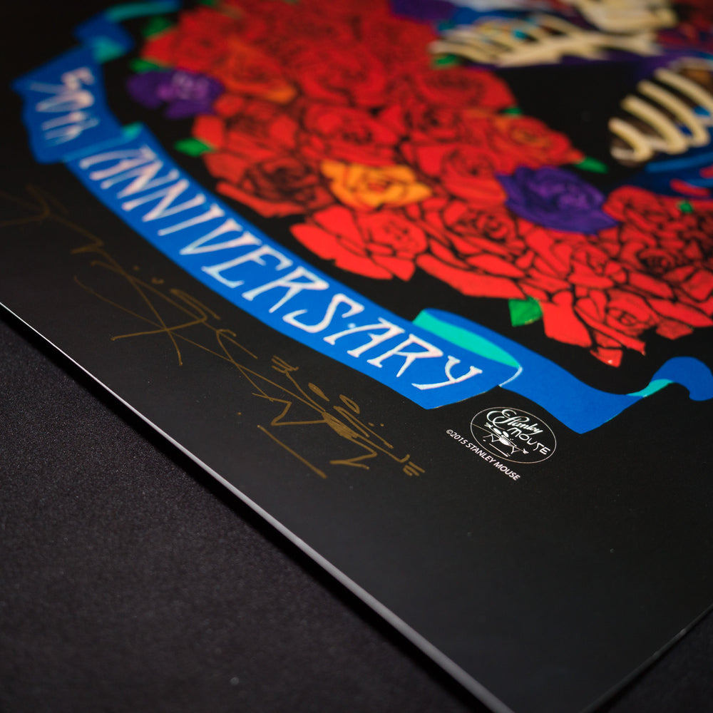 close up of StanleyMouseGratefulDead50thAnniversaryPoster with artist signature