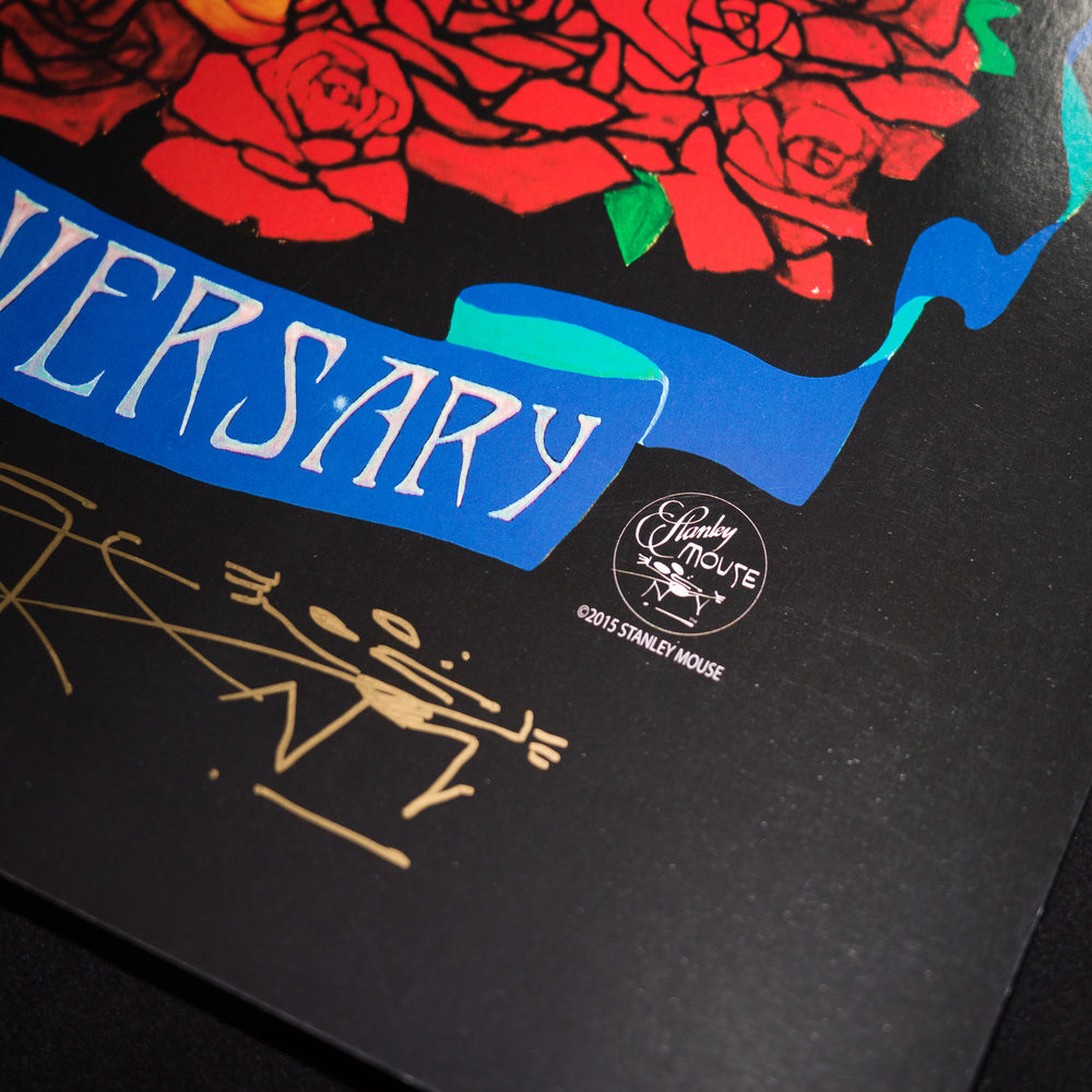 close up of StanleyMouseGratefulDead50thAnniversaryPoster with flowers