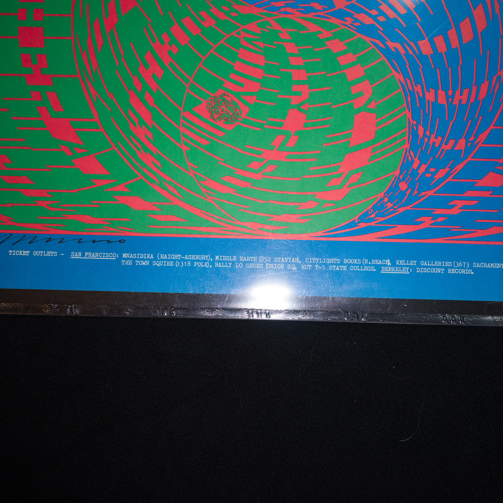 close up of VictorMoscosoQuicksilver1967AvalonBallroomConcertPoster with green, red and blue colors