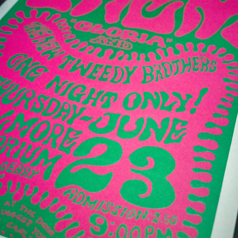 close up of WesWilsonThem1966SanFranciscoPoster with green lettering and pink background