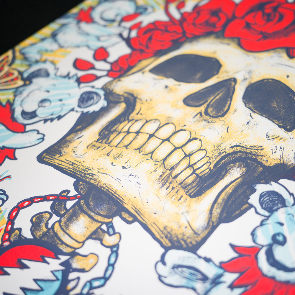 close up of skull and flowers on zeb love poster