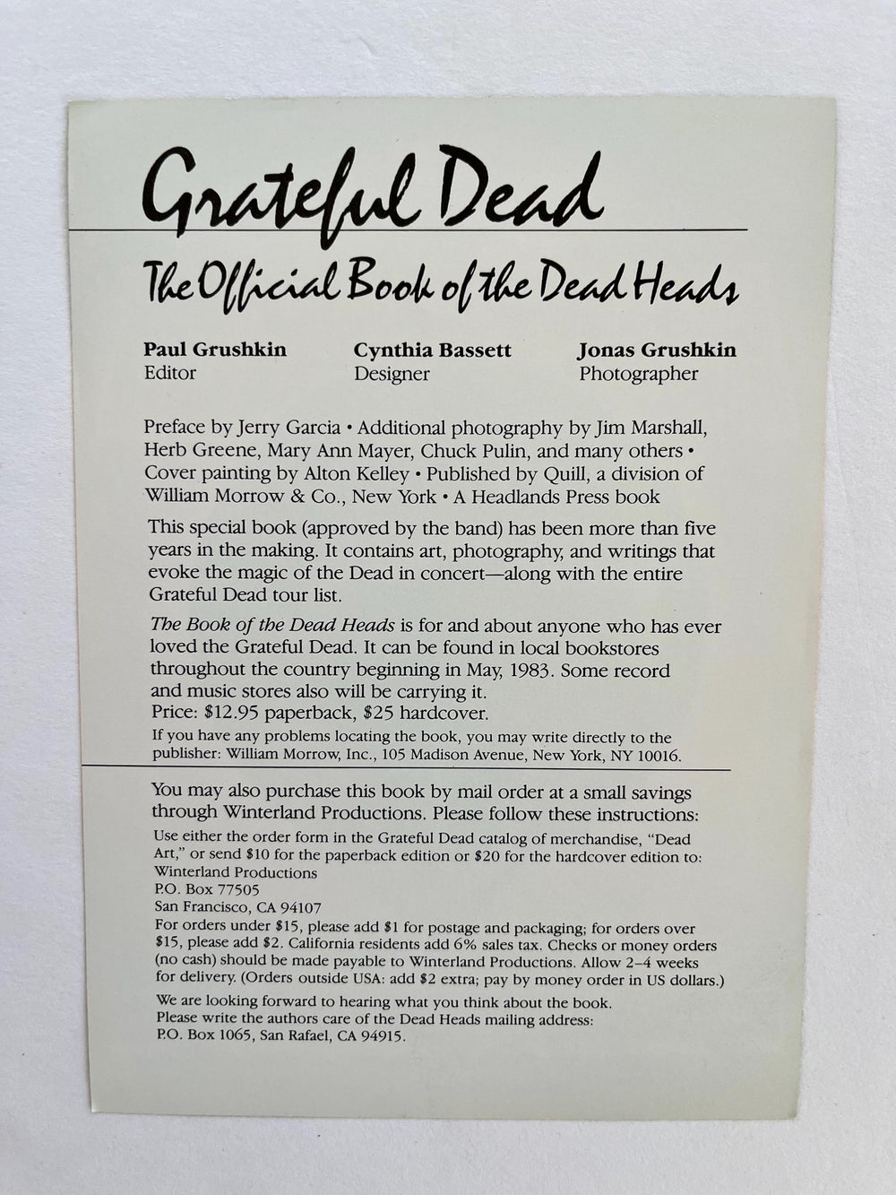 Grateful Dead Official Book of the Deadheads handbill 1983