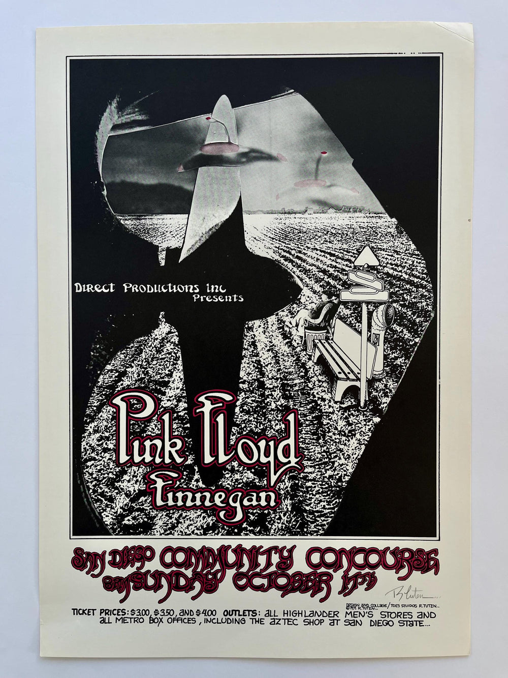 Vintage 1971 Pink Floyd & Finnegan San Diego Concert Poster signed by Randy Tuten