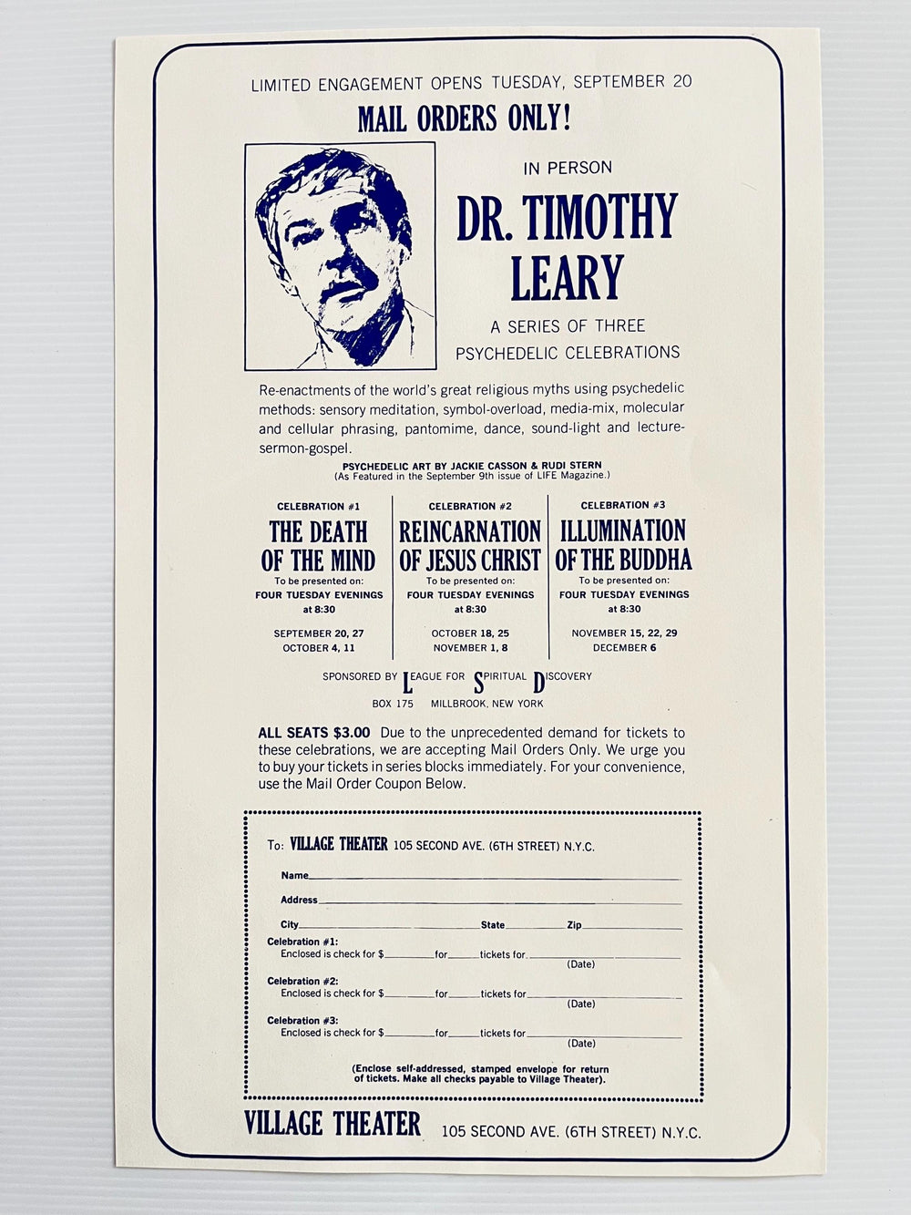 Dr Timothy Leary Psychedelic Lecture Flyer 1960s Village Theater NYC Original Mail Order Handbill